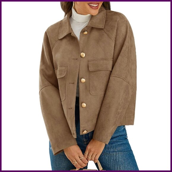 Oversized Cropped Faux Suede Shacket Lapel Collar Button Down Jacket